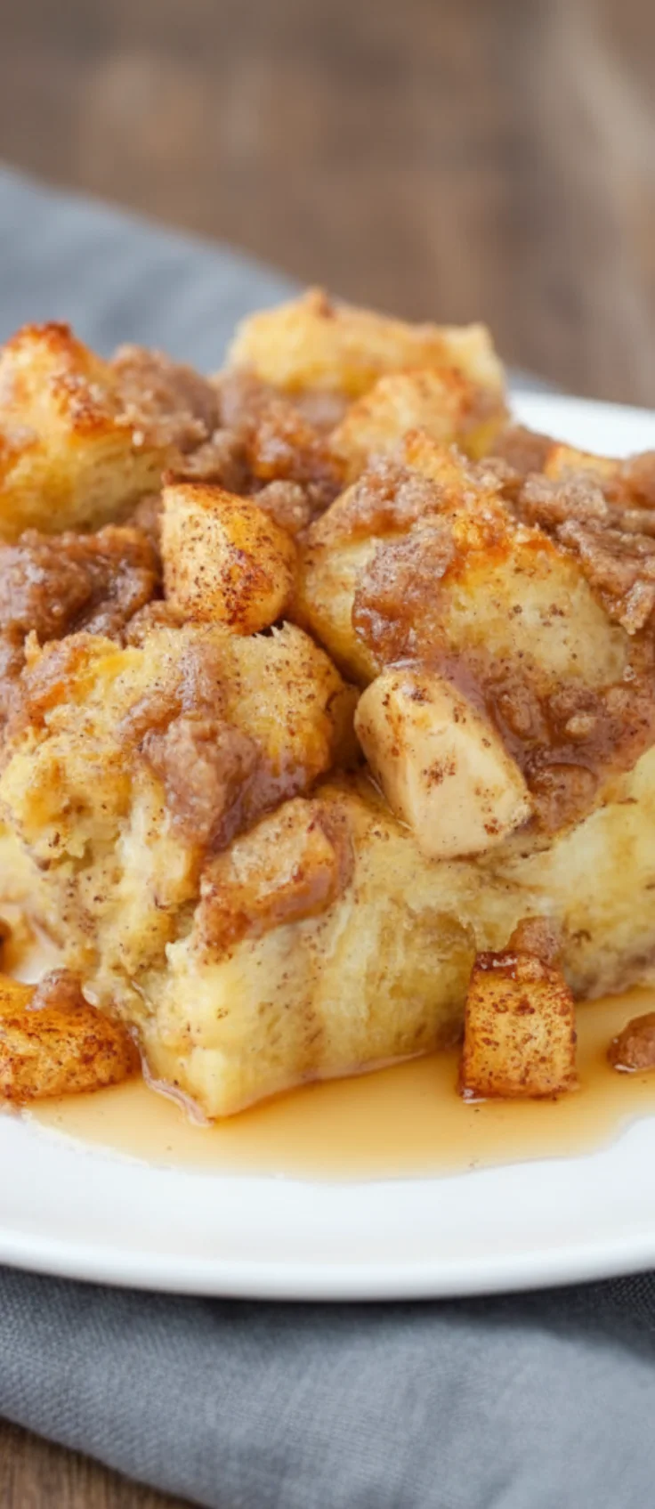 Overnight Apple Crisp Casserole Hero Shot Tall close-up of Overnight Apple Crisp Casserole with caramelized apples and syrup