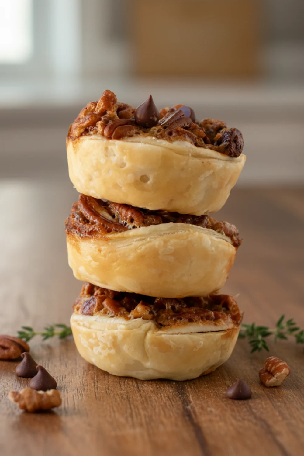 Served Chocolate Pecan Tartlets Chocolate pecan tartlets on serving plate