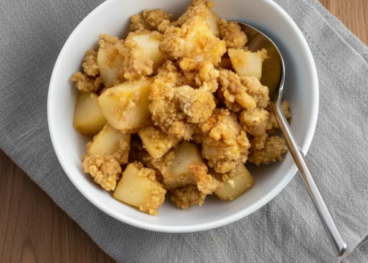 Layered spiced pear crumble in glass jars with golden oat topping