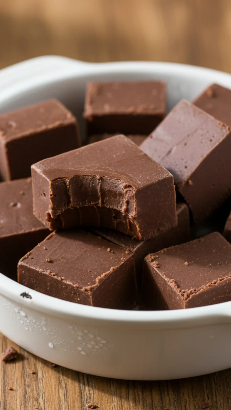 Stack of rich 3 ingredient chocolate fudge squares with creamy texture