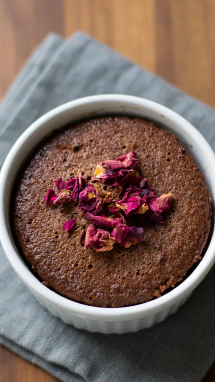 Healthy chocolate mug cake with toppings on a cozy tabletop