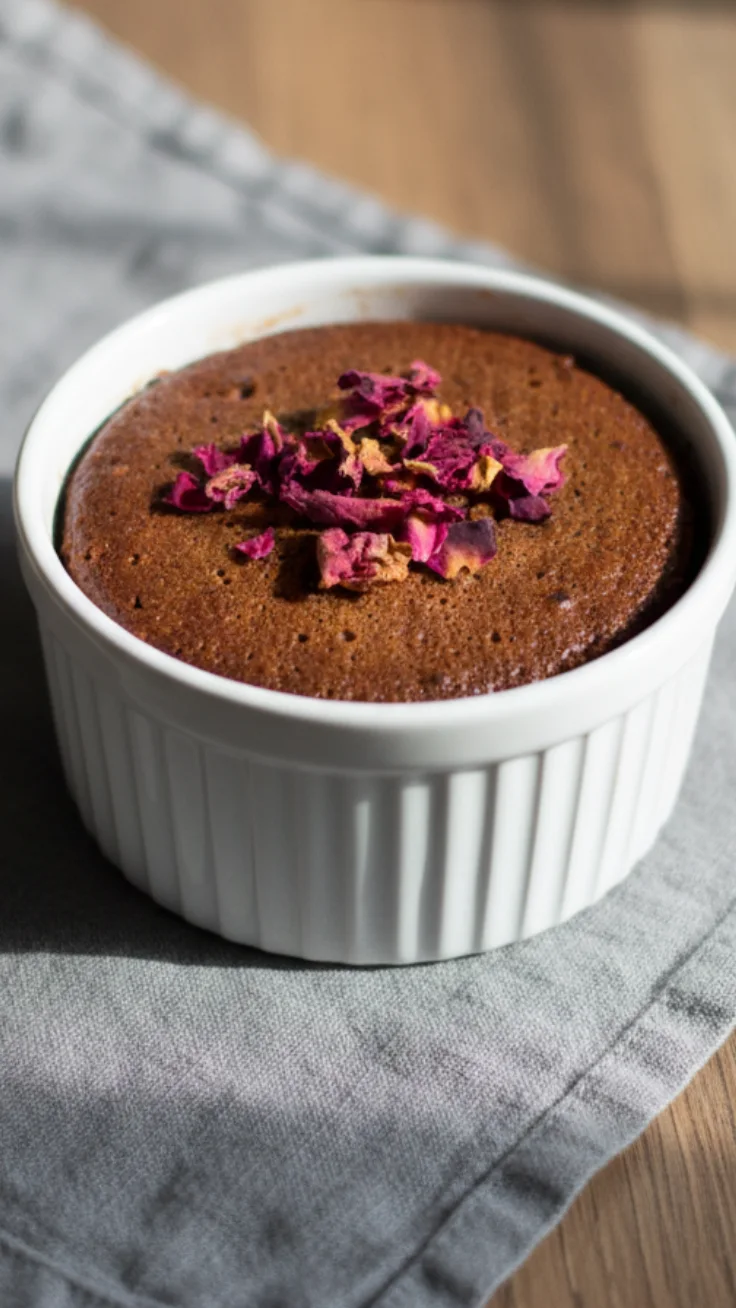 Spoon lifting a fudgy bite of healthy chocolate mug cake from a mug