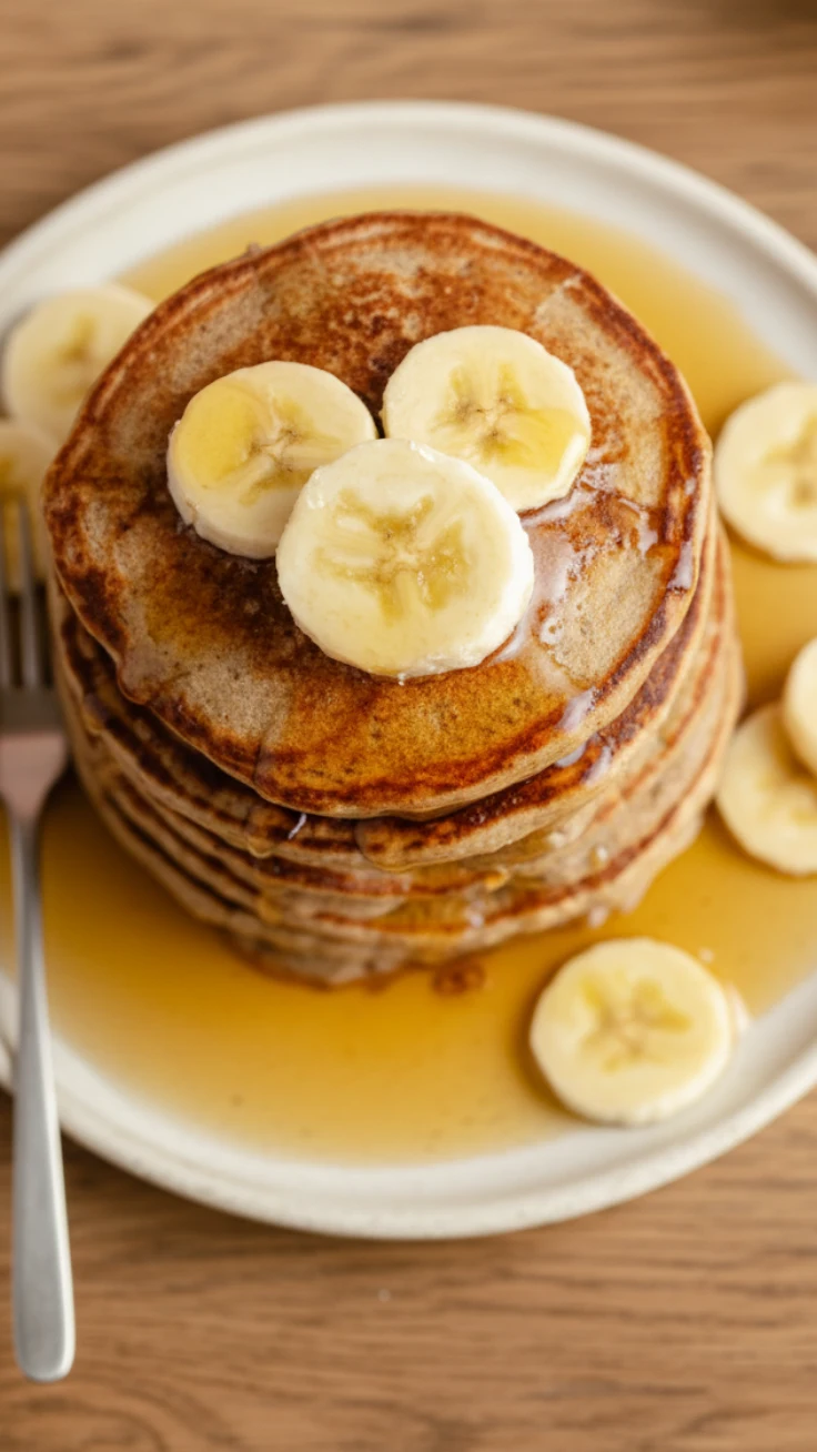 Plate of banana oat pancakes topped with banana slices and syrup