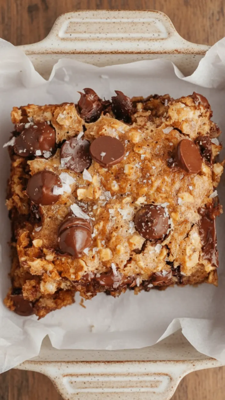 Fudgy blender chocolate oat bars arranged on parchment with cocoa and oats
