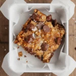 lose-up of a sliced chocolate oat bar showing moist, fudgy center