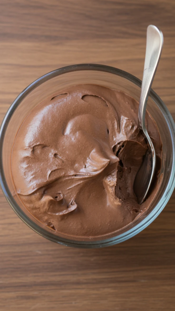 Spoon dipping into creamy chocolate pudding
