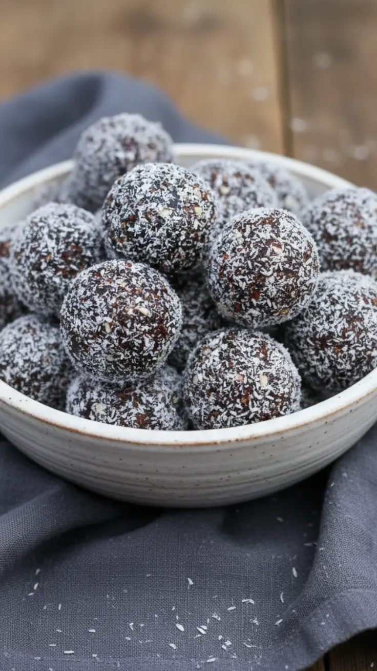 Fudgy coconut chocolate protein bites close up