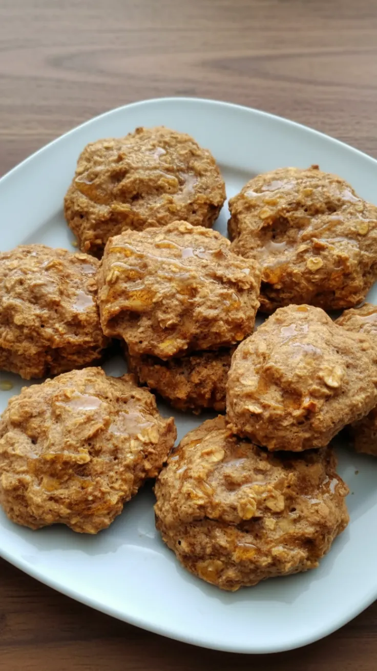 Stack of soft banana oat cookies with bananas in the background