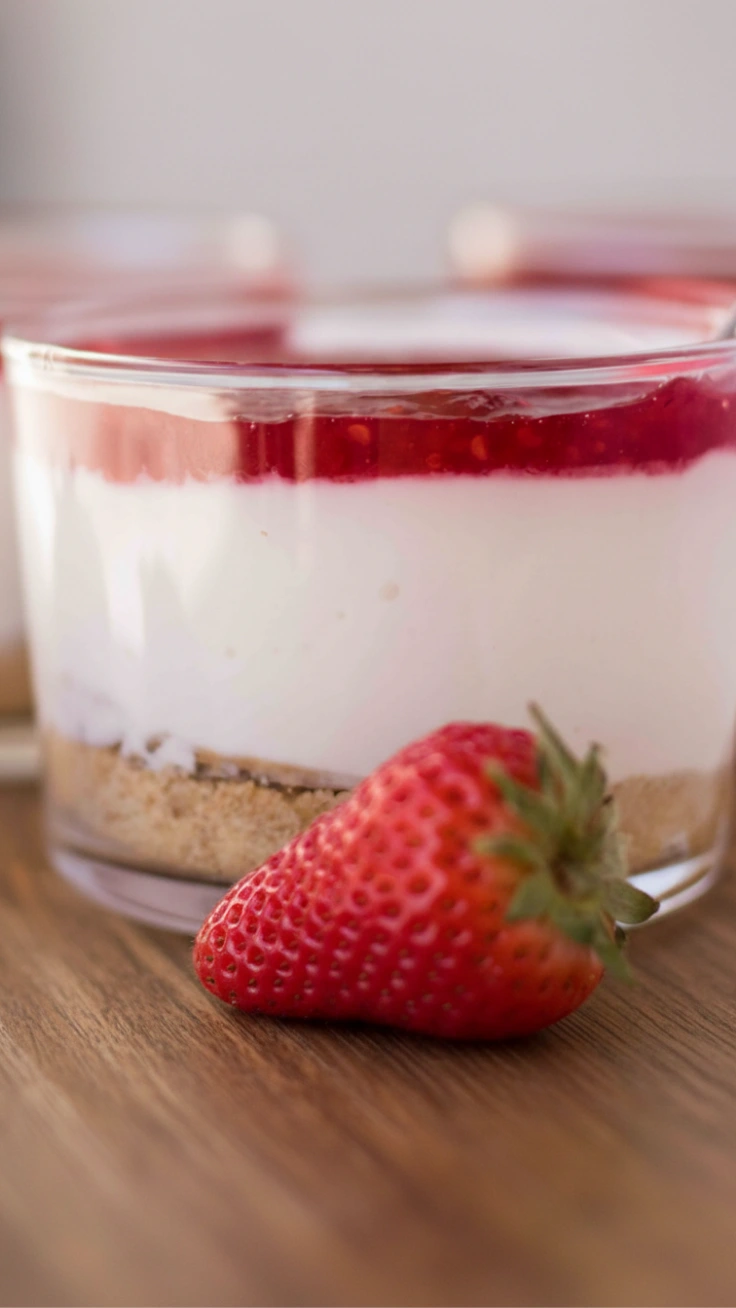Single Greek yogurt cheesecake cup with a spoonful taken out