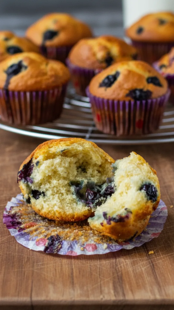 Tall fluffy blueberry muffins stacked on plate