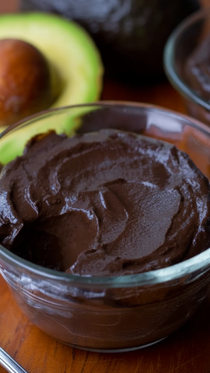 Healthy chocolate avocado mousse in glass cup
