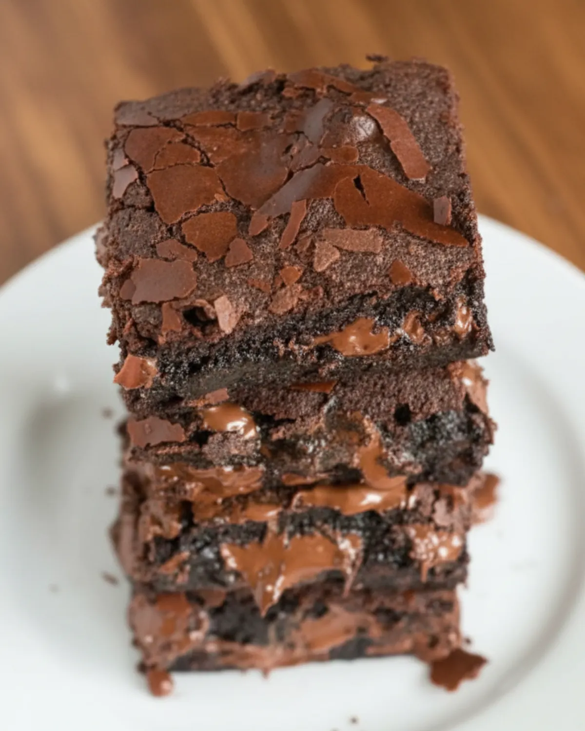 Stack of fudgy healthy Greek yogurt brownies with melted chocolate on a white plate.