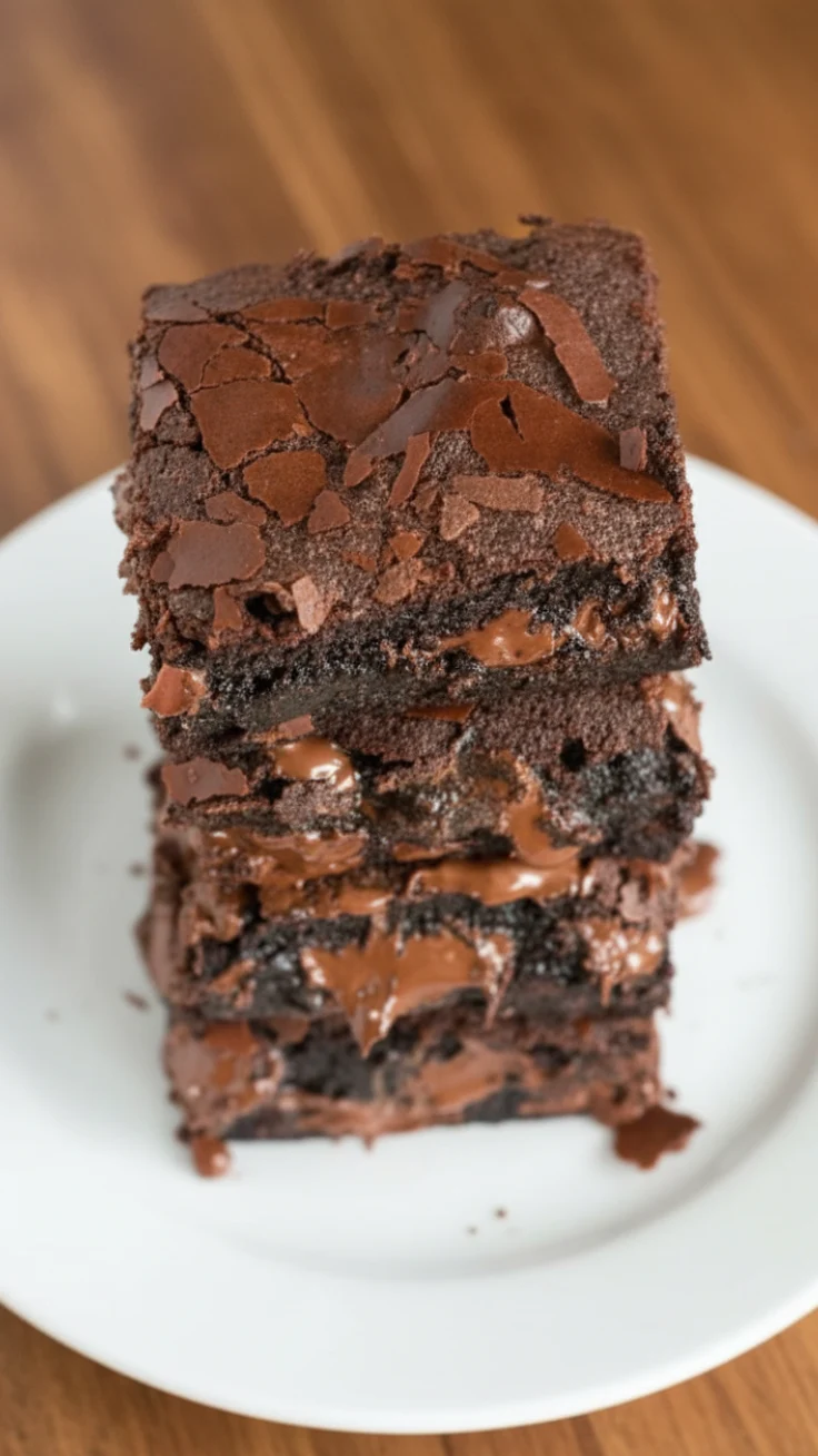 Fudgy Healthy Greek Yogurt Brownies – Hero Image Fudgy Greek yogurt brownies stacked high with glossy melted chocolate.