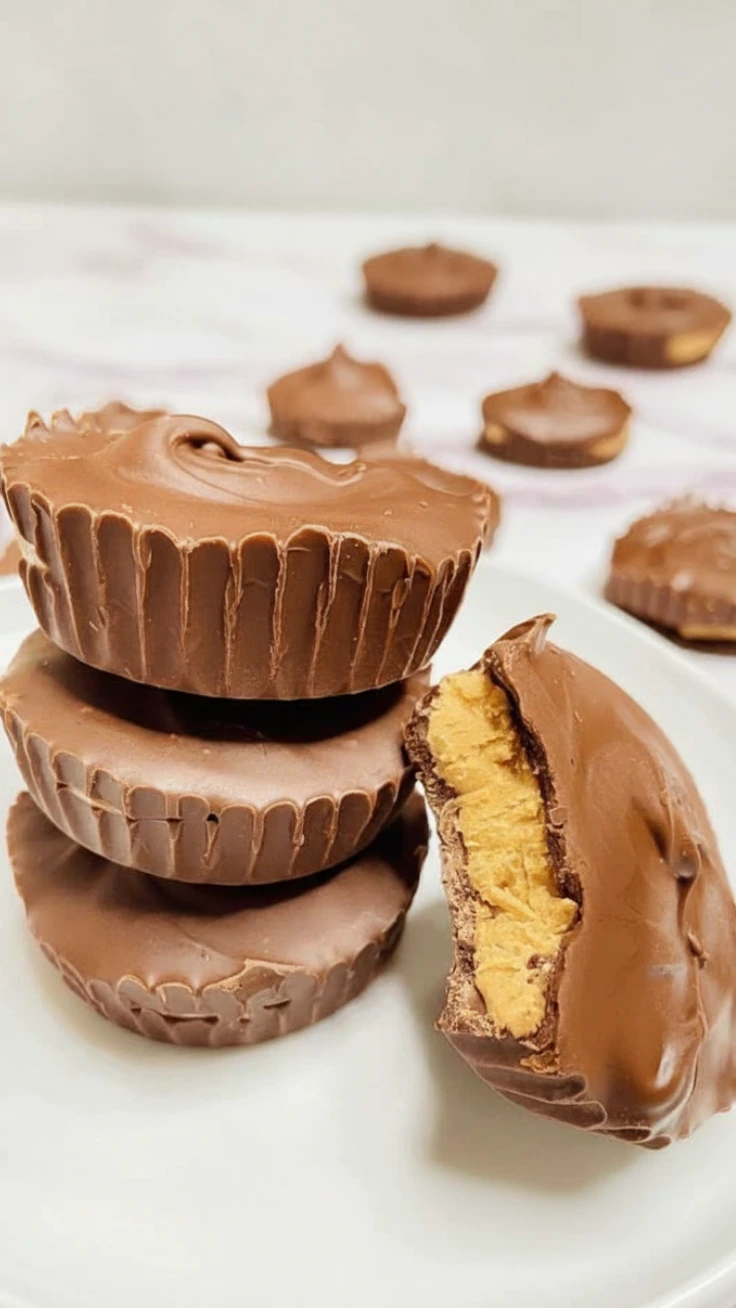 3 Ingredient Peanut Butter Cups Hero shot of homemade no-bake peanut butter cups arranged in a rustic setting