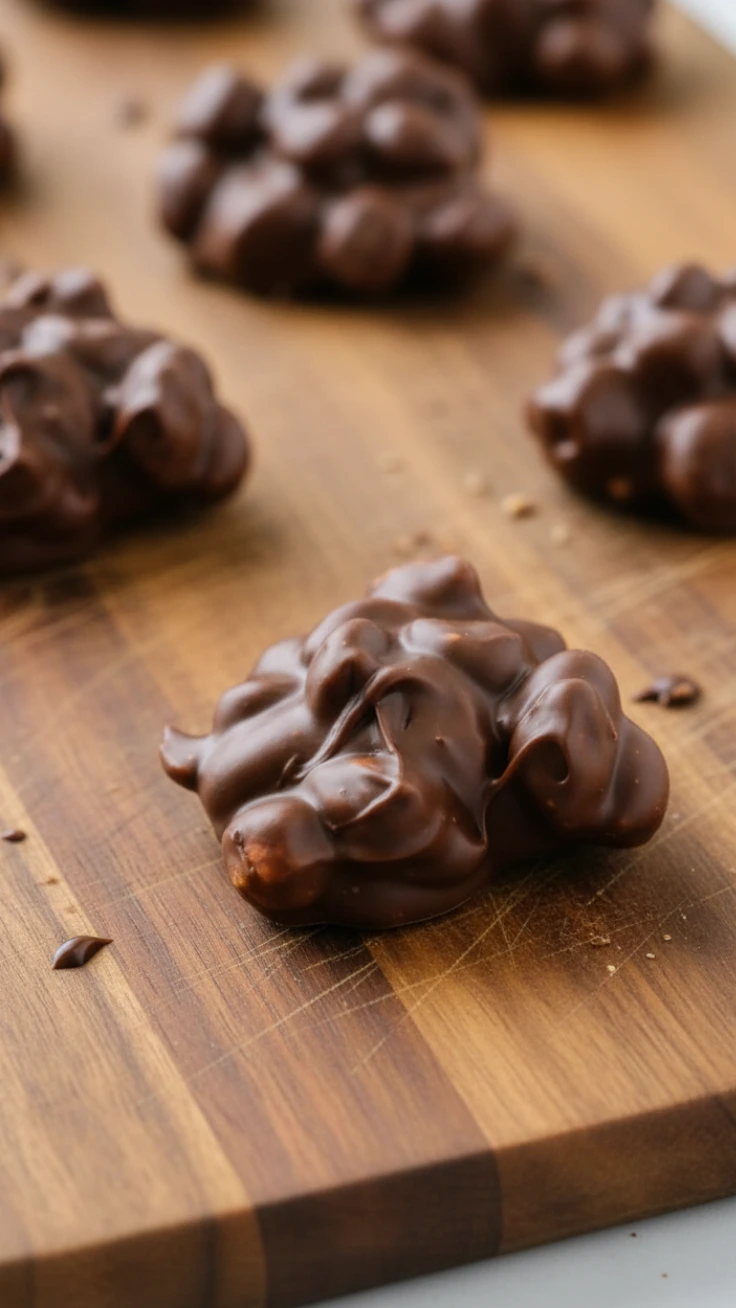 Chocolate peanut butter clusters served on plate