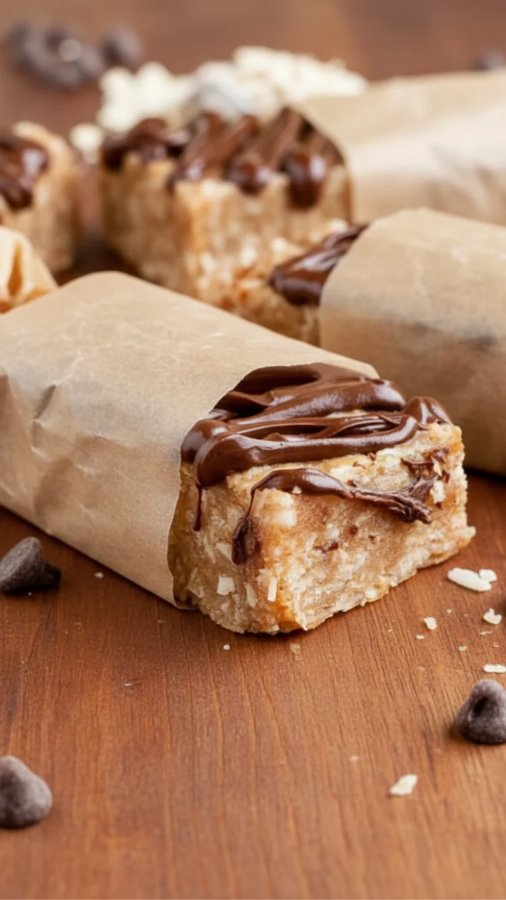Stack of no bake chocolate protein bars showing fudgy texture