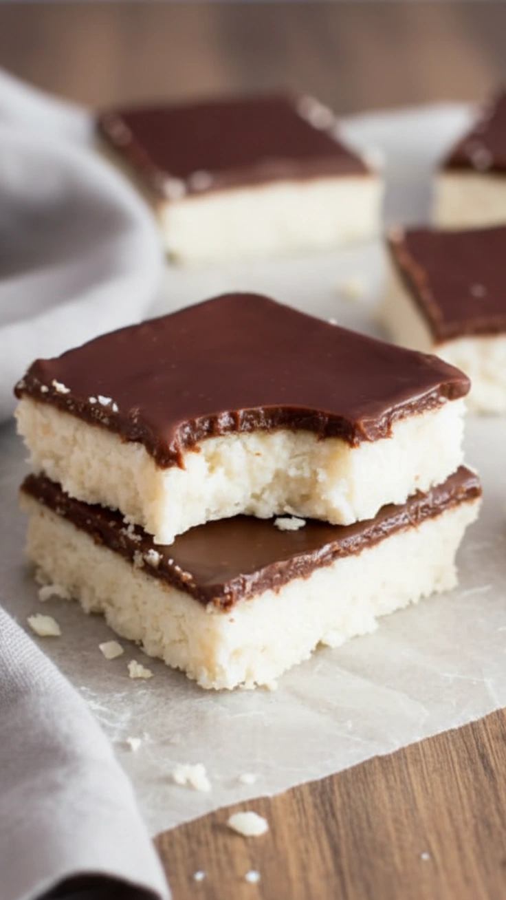 No-Bake Coconut Chocolate Bars Hero Thick coconut chocolate bars with glossy topping