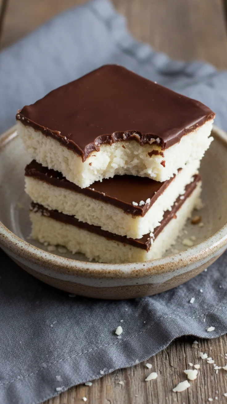 Serving No-Bake Coconut Chocolate Bars Coconut chocolate bars served on plate