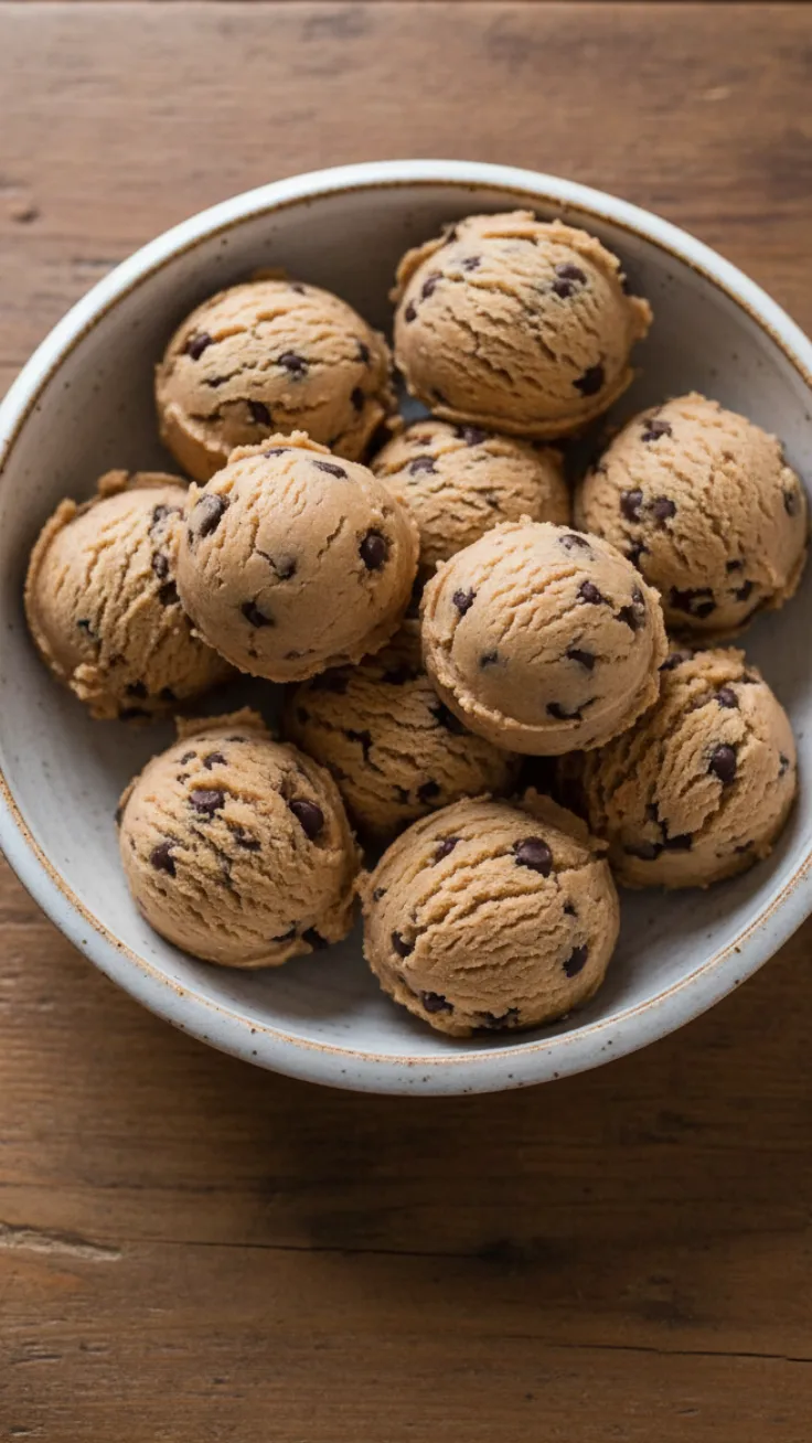 No Bake Cookie Dough Bites Hero Photo Close up hero shot of no bake cookie dough bites stacked on a plate