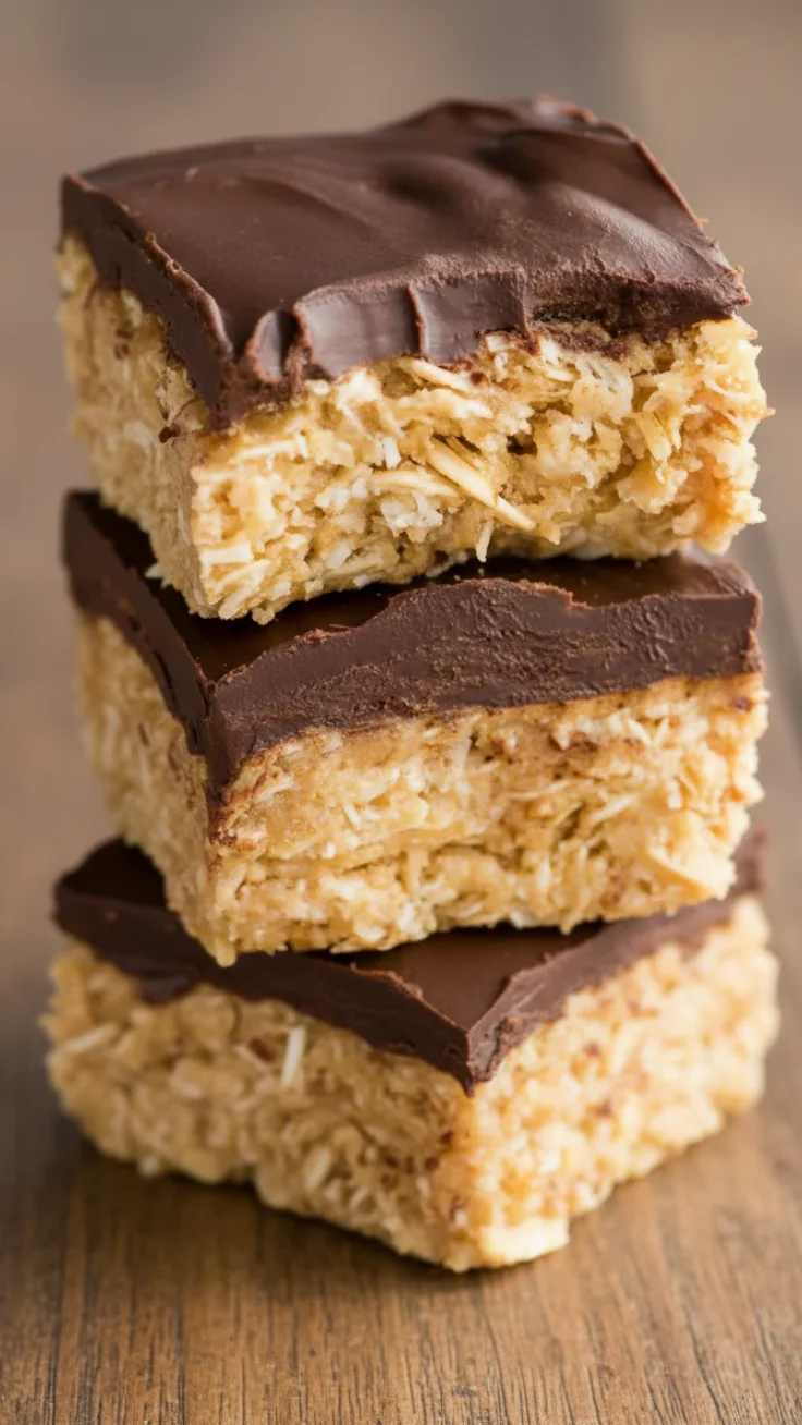 close up stack of no bake peanut butter oat bars with chocolate