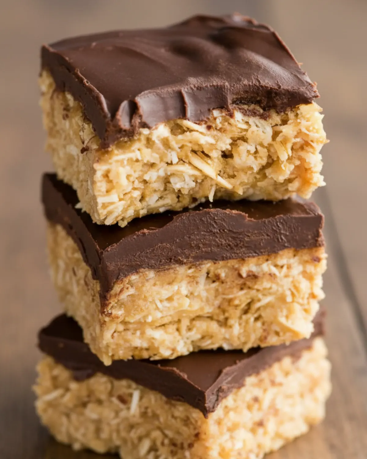 stacked no bake peanut butter oat bars with chocolate topping