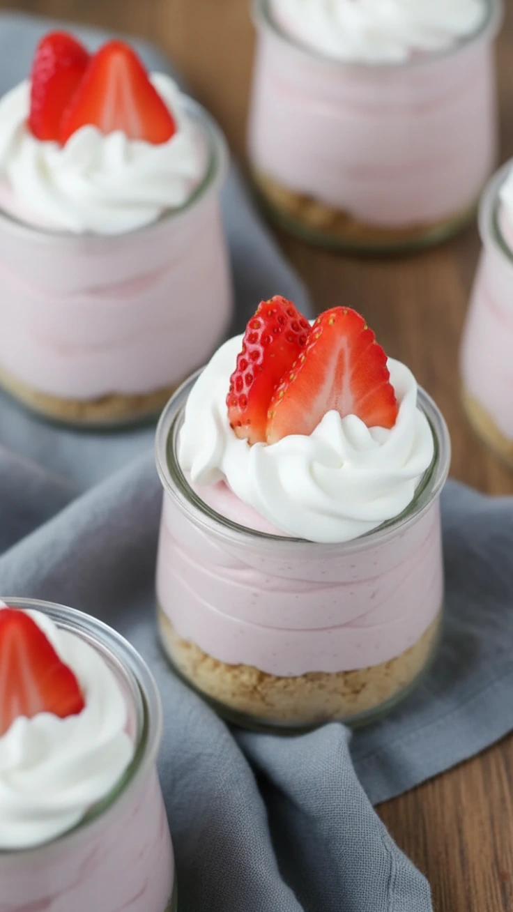 serving no bake strawberry cheesecake cups