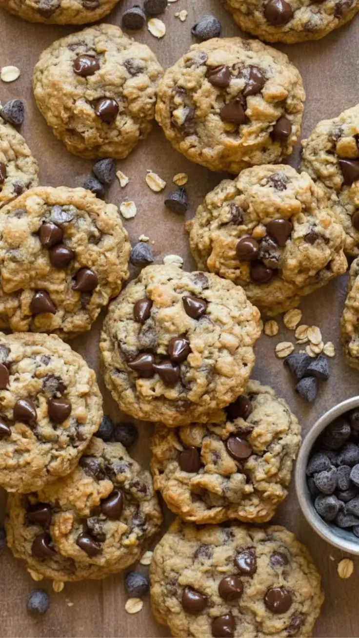 Chewy oatmeal chocolate chip cookies on baking tray