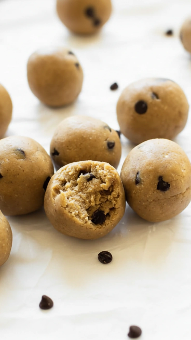 Protein Cookie Dough Bites Hero Bowl of soft no bake protein cookie dough bites with chocolate chips