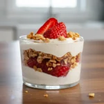 Strawberry Yogurt Parfait High Protein Breakfast 2 Spoon lifting a layered strawberry yogurt parfait