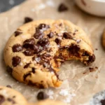 Chocolate Chip Protein Cookies (Soft & High Protein) 2 Soft chocolate chip protein cookies stacked beside a glass of milk