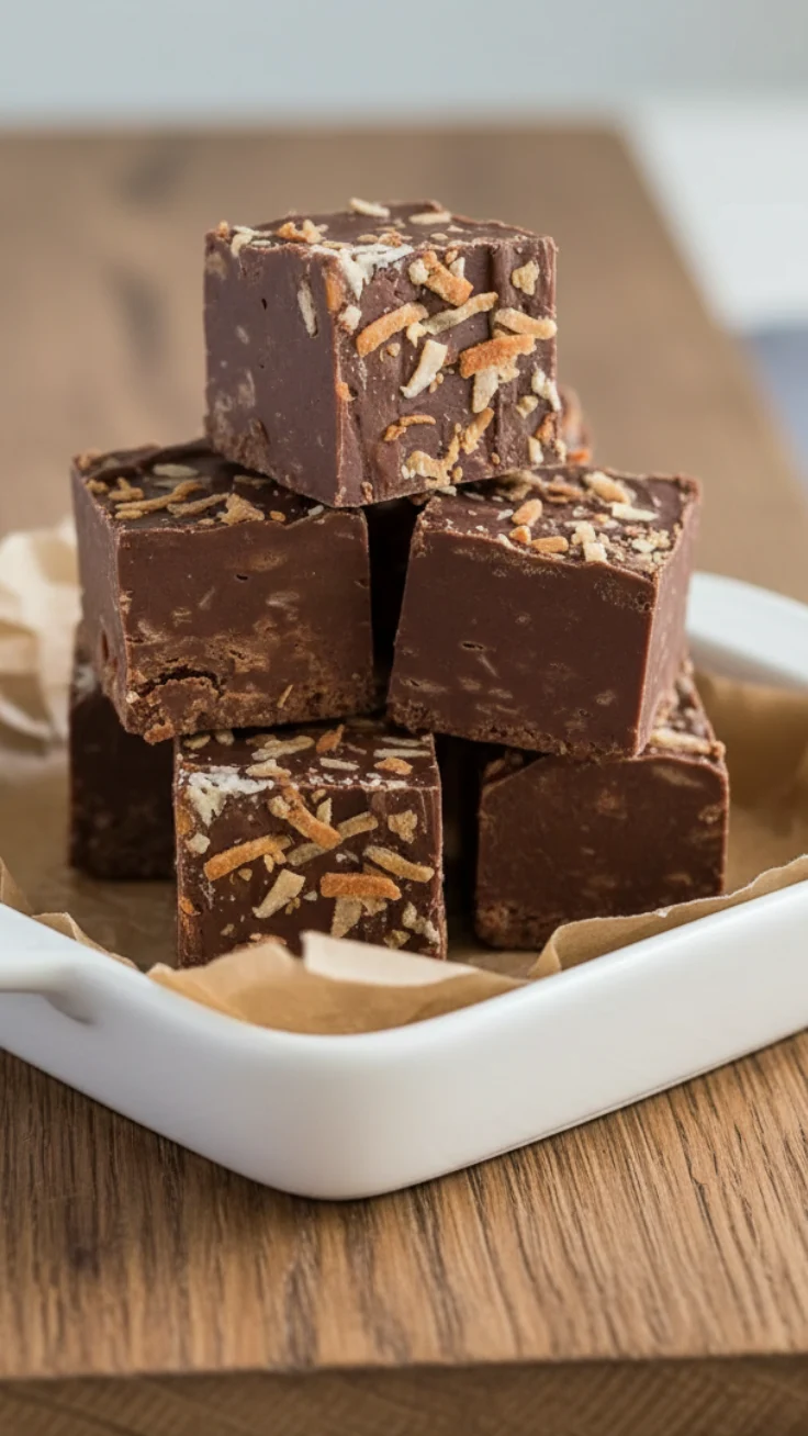3 ingredient coconut chocolate fudge sliced into squares