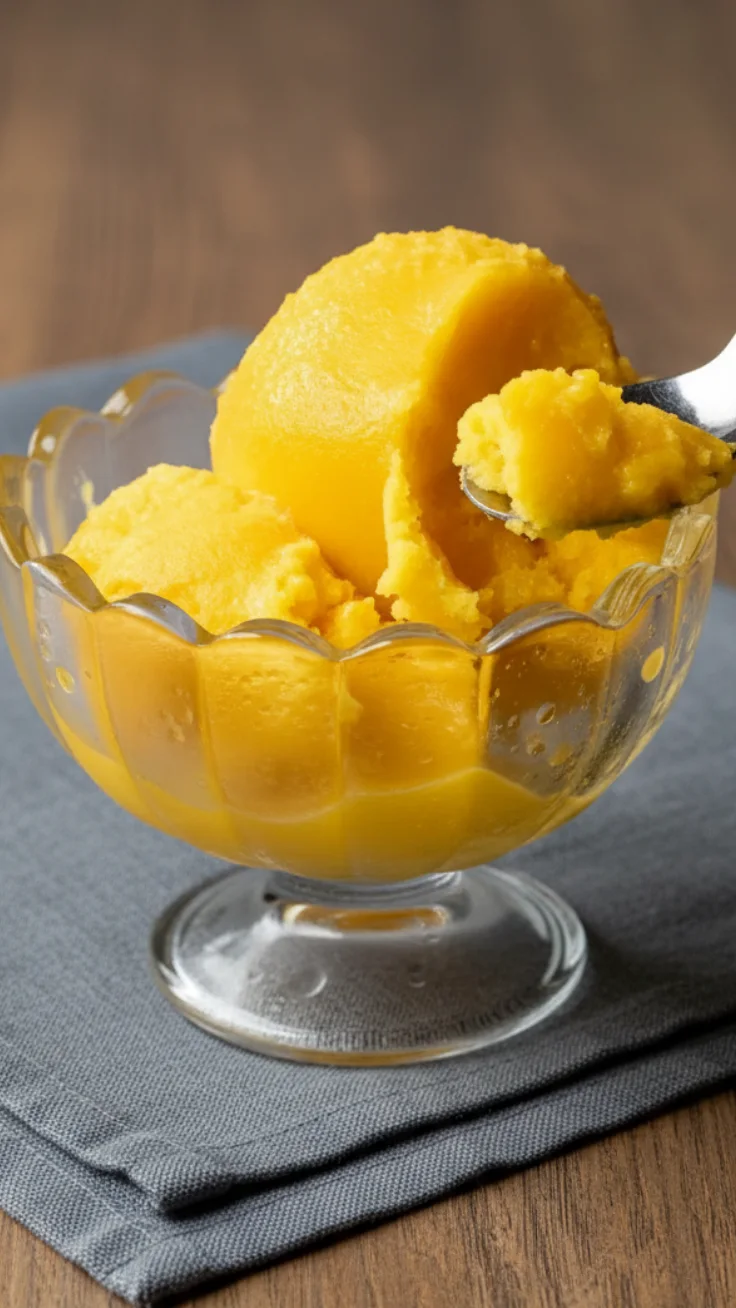 creamy 3 ingredient mango sorbet in a bowl