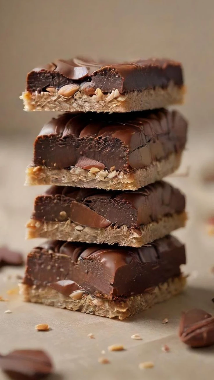 No-Bake Chocolate Sunflower Seed Bars Thick no-bake chocolate sunflower seed bars stacked on parchment