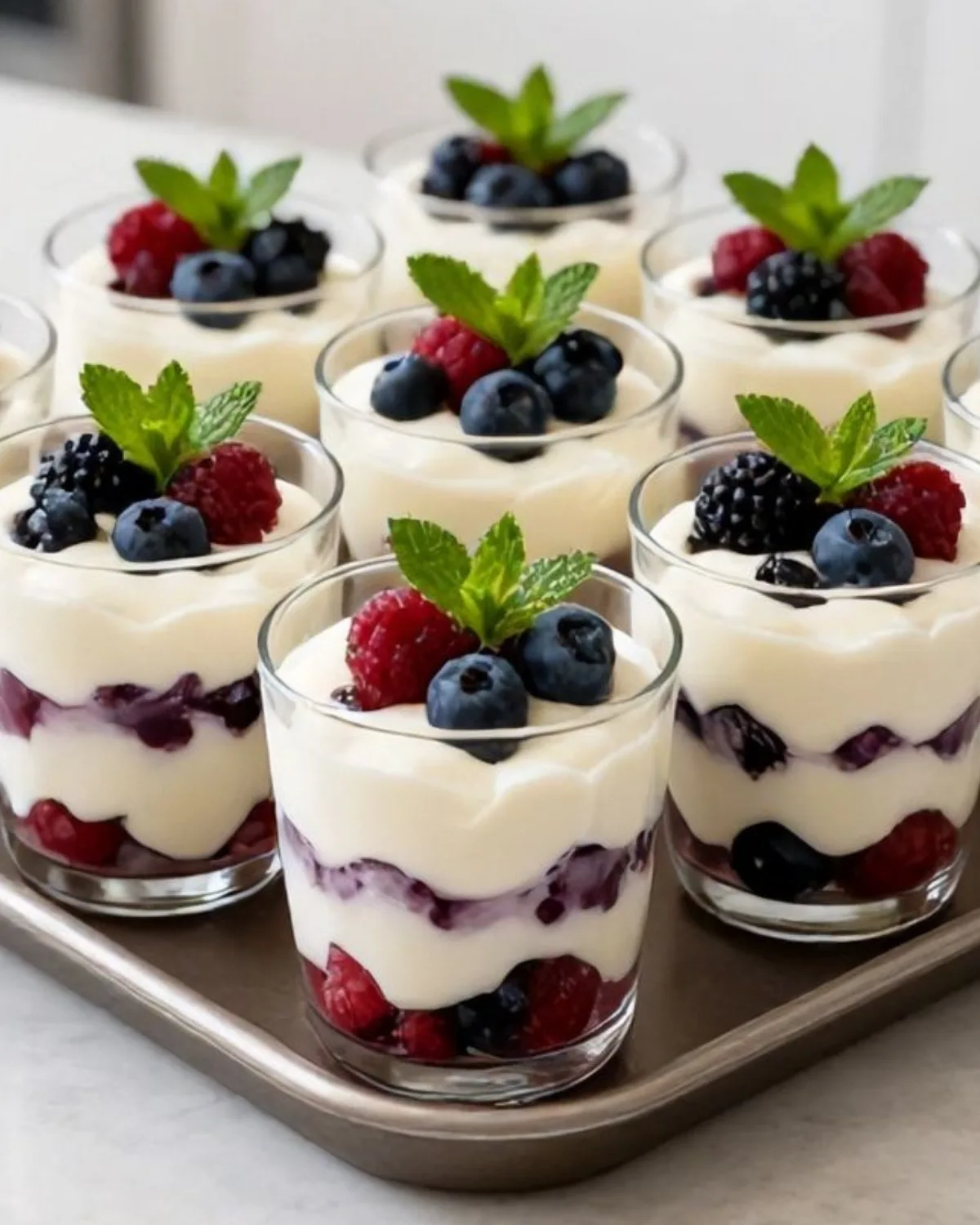 Berry cream dessert in glass cups