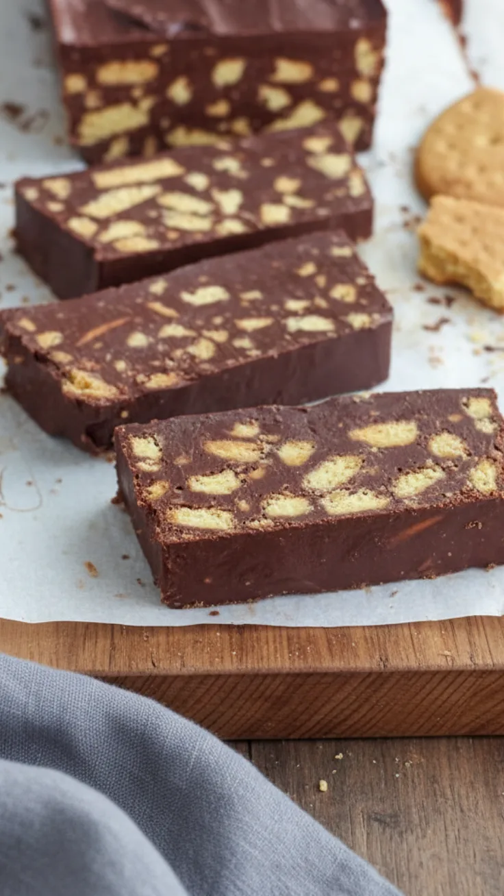 Easy chocolate biscuit refrigerator cake sliced