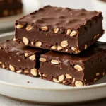 Chocolate Oat No-Bake Squares (Easy & Fudgy) 6 No-bake chocolate oat squares stacked
