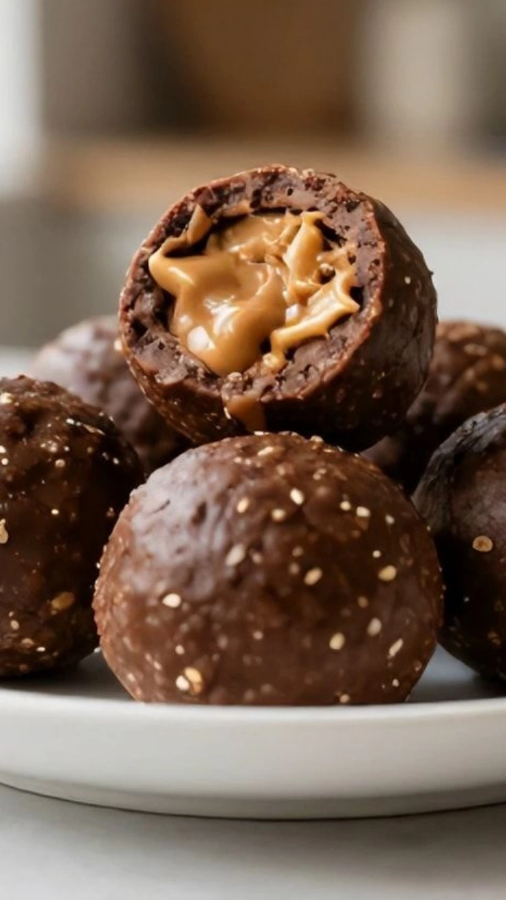 chocolate peanut butter protein balls stacked on plate