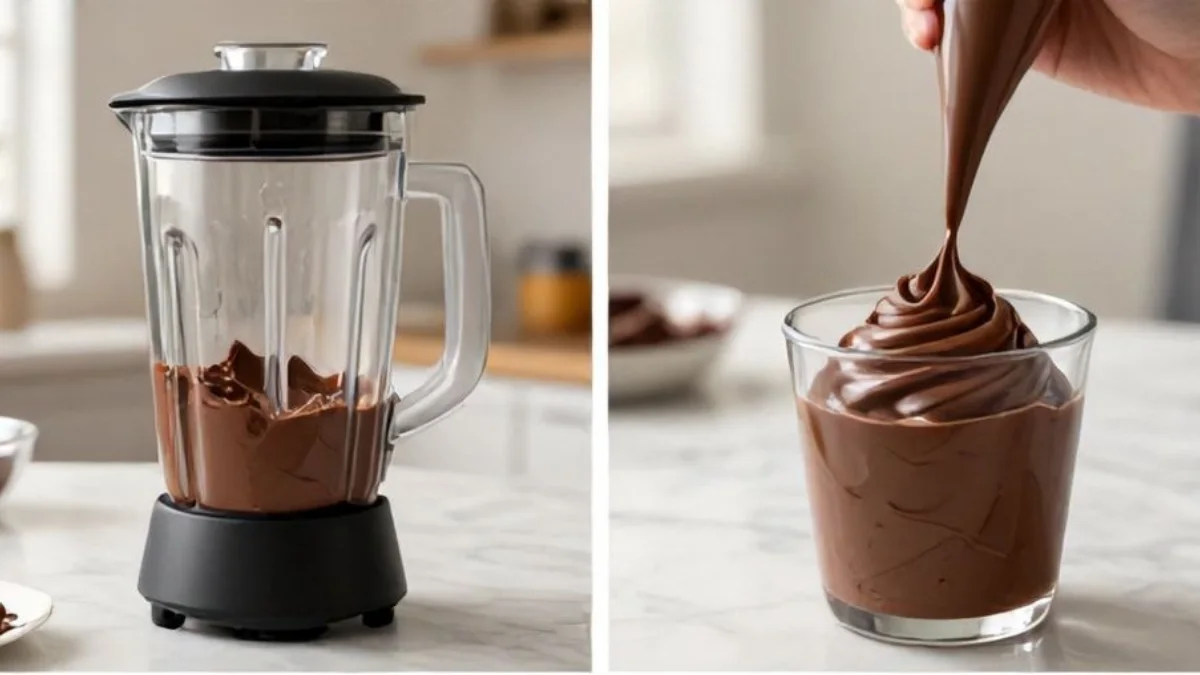 Chocolate Tofu Dessert Preparation Steps Chocolate tofu dessert preparation showing blended mixture and piping into glass cups