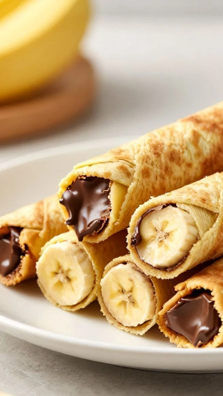 Easy banana chocolate roll-ups sliced and golden