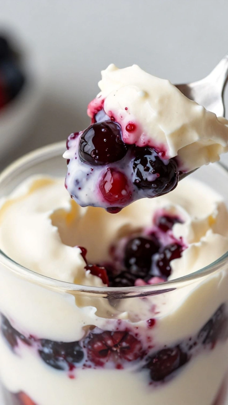 Easy berry cream dessert glasses layered with fresh berries