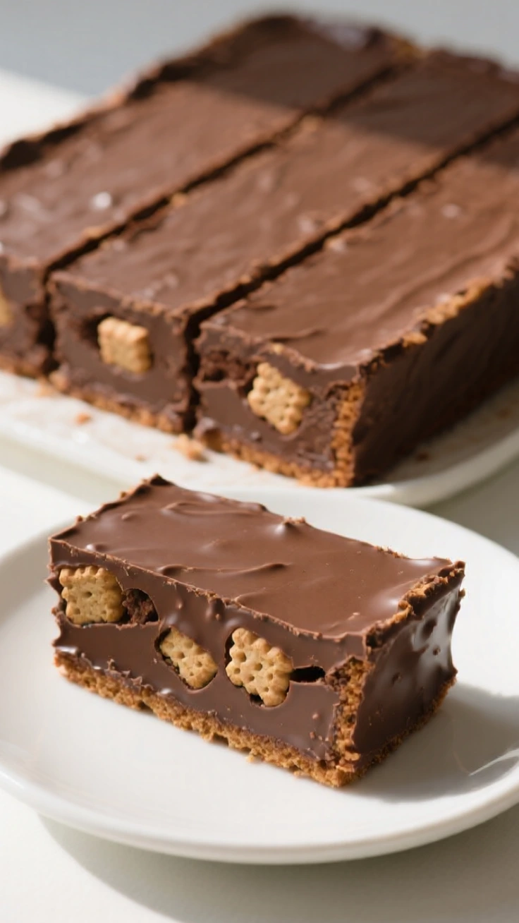 Easy Chocolate Biscuit Refrigerator Cake Easy chocolate biscuit refrigerator cake sliced on plate