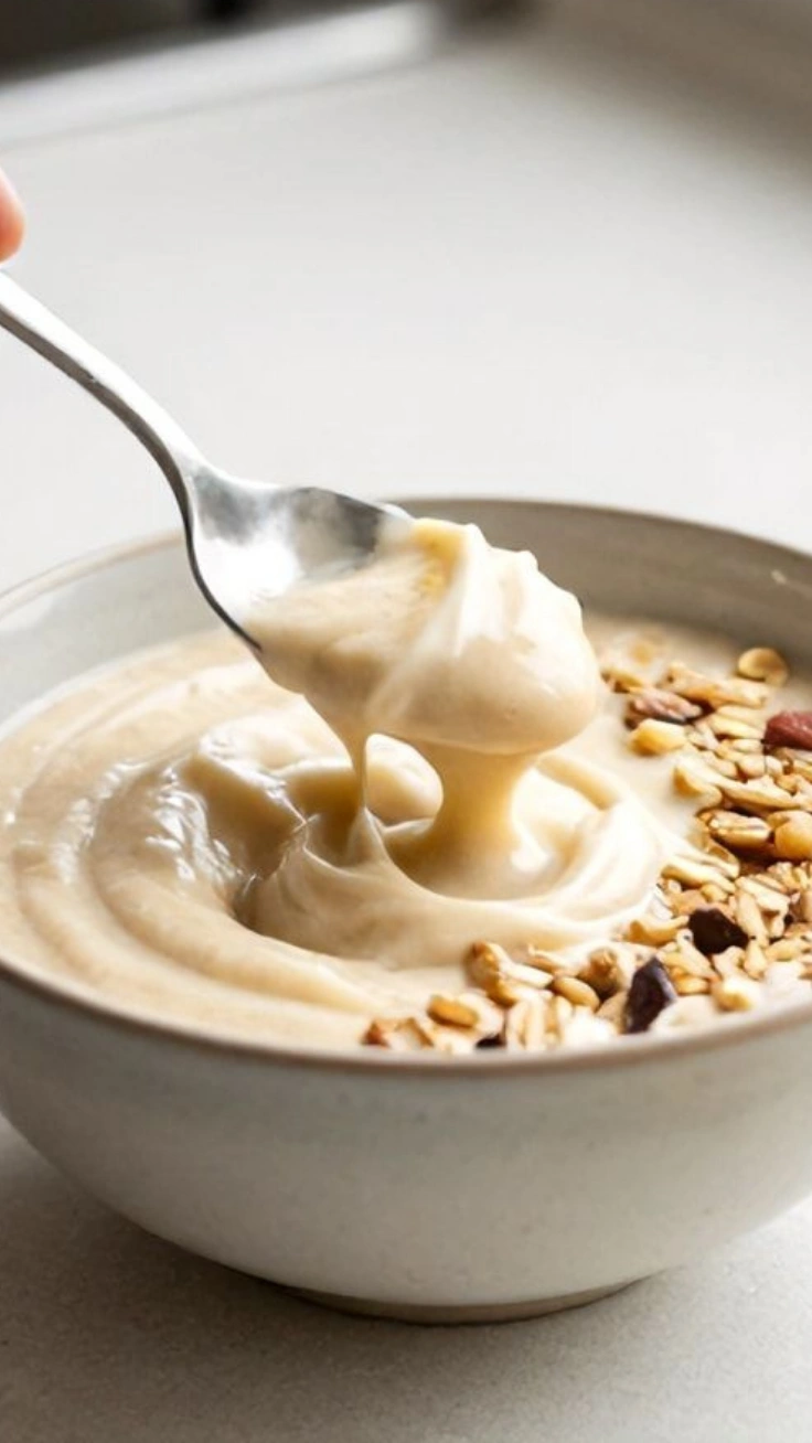 Healthy Banana Oat Breakfast Smoothie Bowl Healthy banana oat breakfast smoothie bowl in ceramic bowl