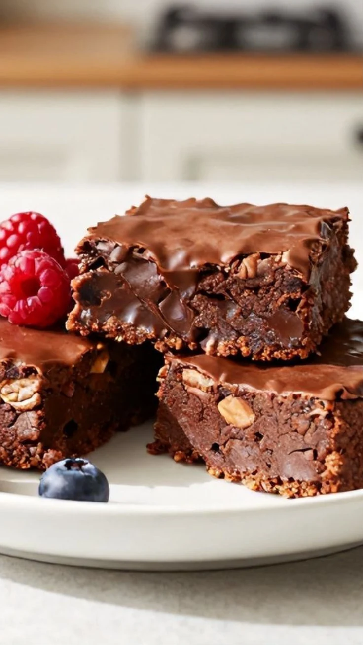 Healthy cocoa oat dessert squares stacked on parchment