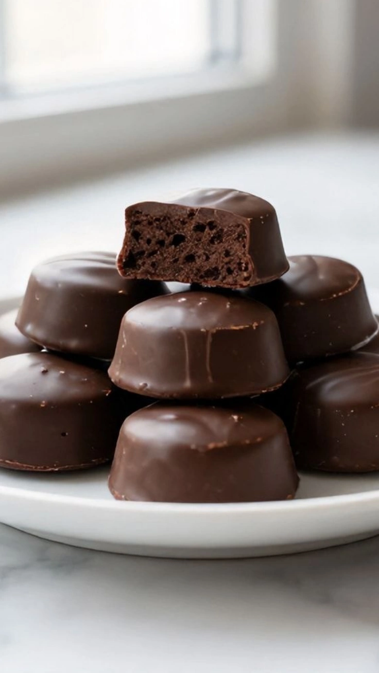High protein chocolate egg white bites stacked on plate