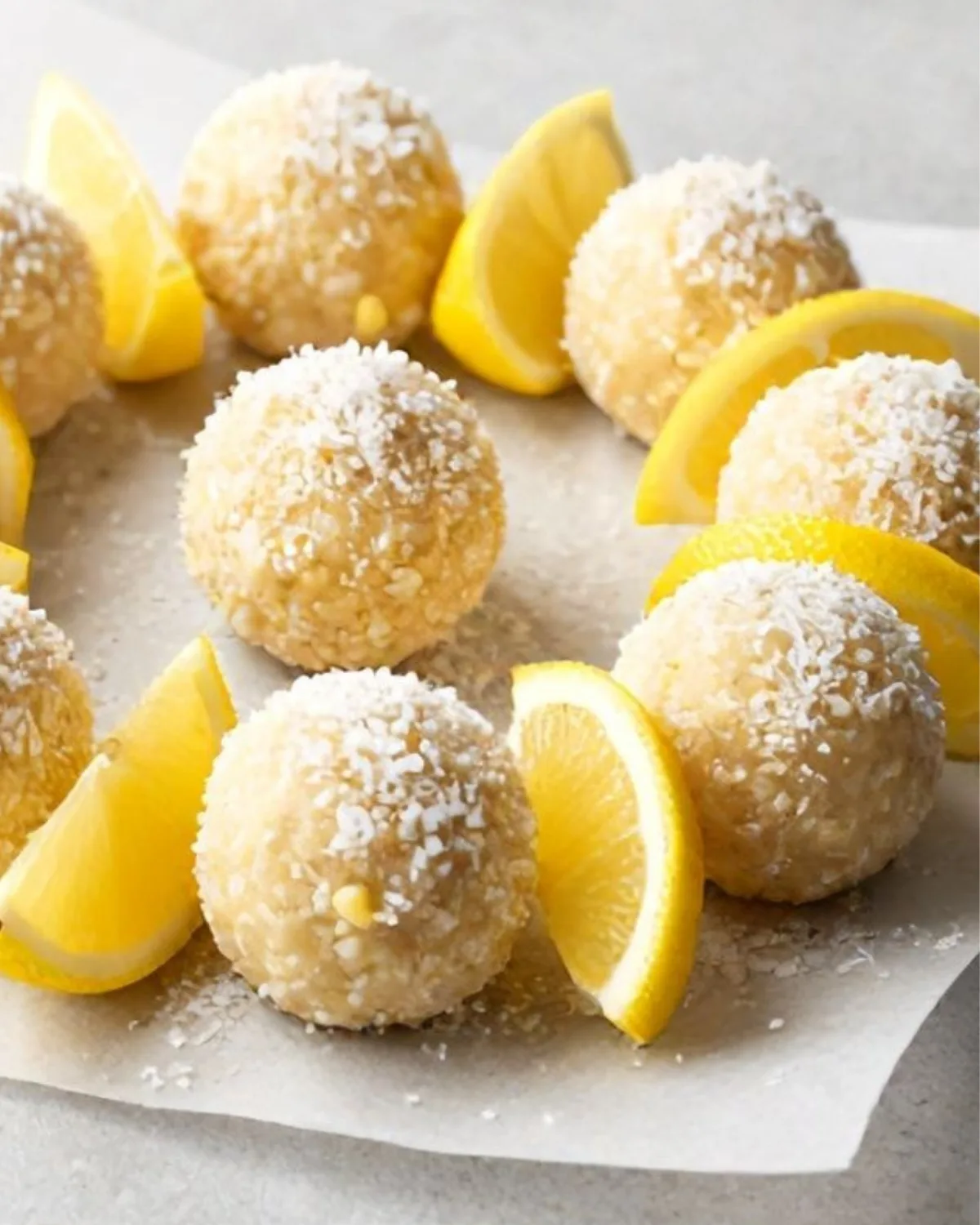 Lemon coconut bliss balls with fresh lemon slices