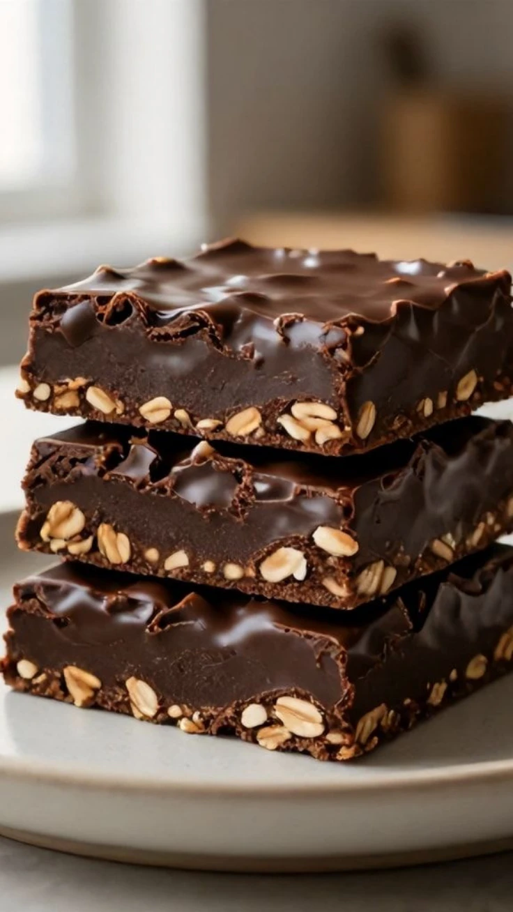 No-bake chocolate oat fudge squares sliced in pan