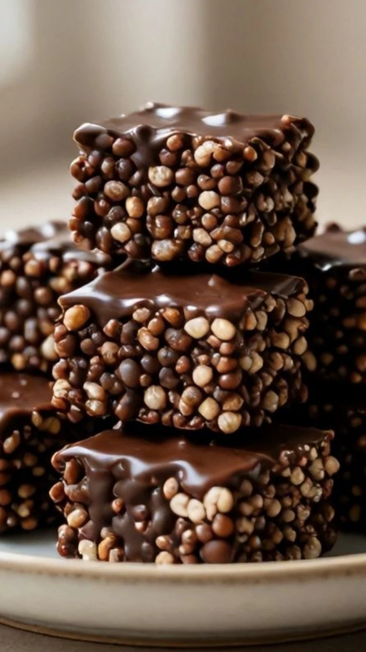 Chocolate rice cake clusters stacked