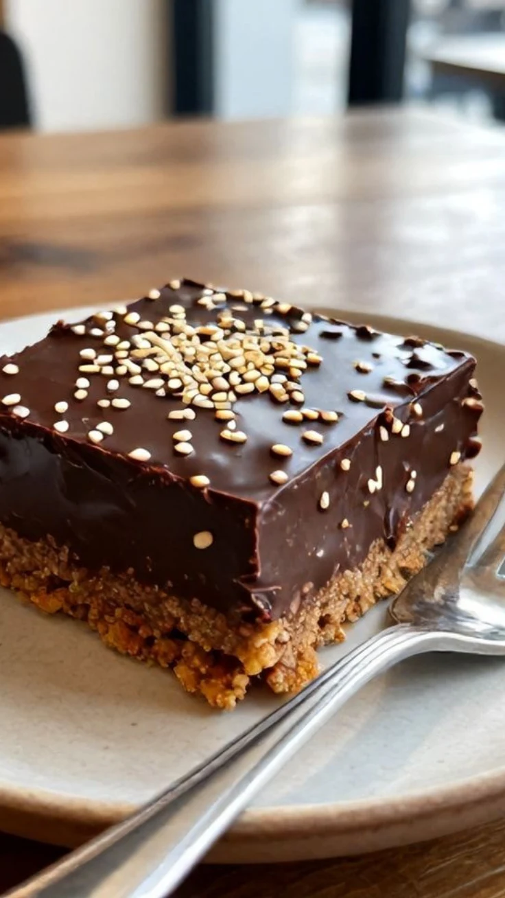 No-Bake Chocolate Sesame Squares No-bake chocolate sesame squares stacked on a plate