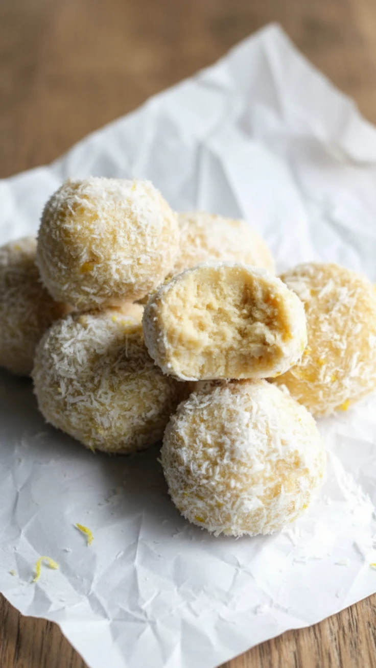 no-bake lemon coconut bliss balls on a white plate