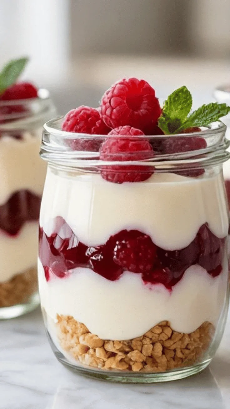 no bake raspberry vanilla dessert jars hero